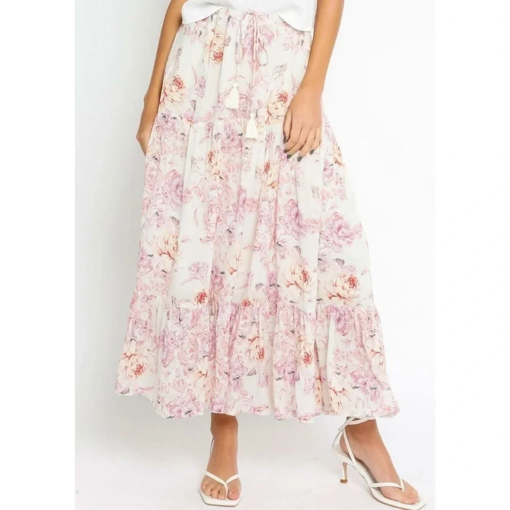 Olivaceous Daphne Ivory Floral Print Ruffle Midi Skirt Large